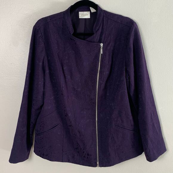 Chico's Size 2 US L Asymmetrical Zip Jacquard Jacket Eggplant Purple Lined - Picture 2 of 11